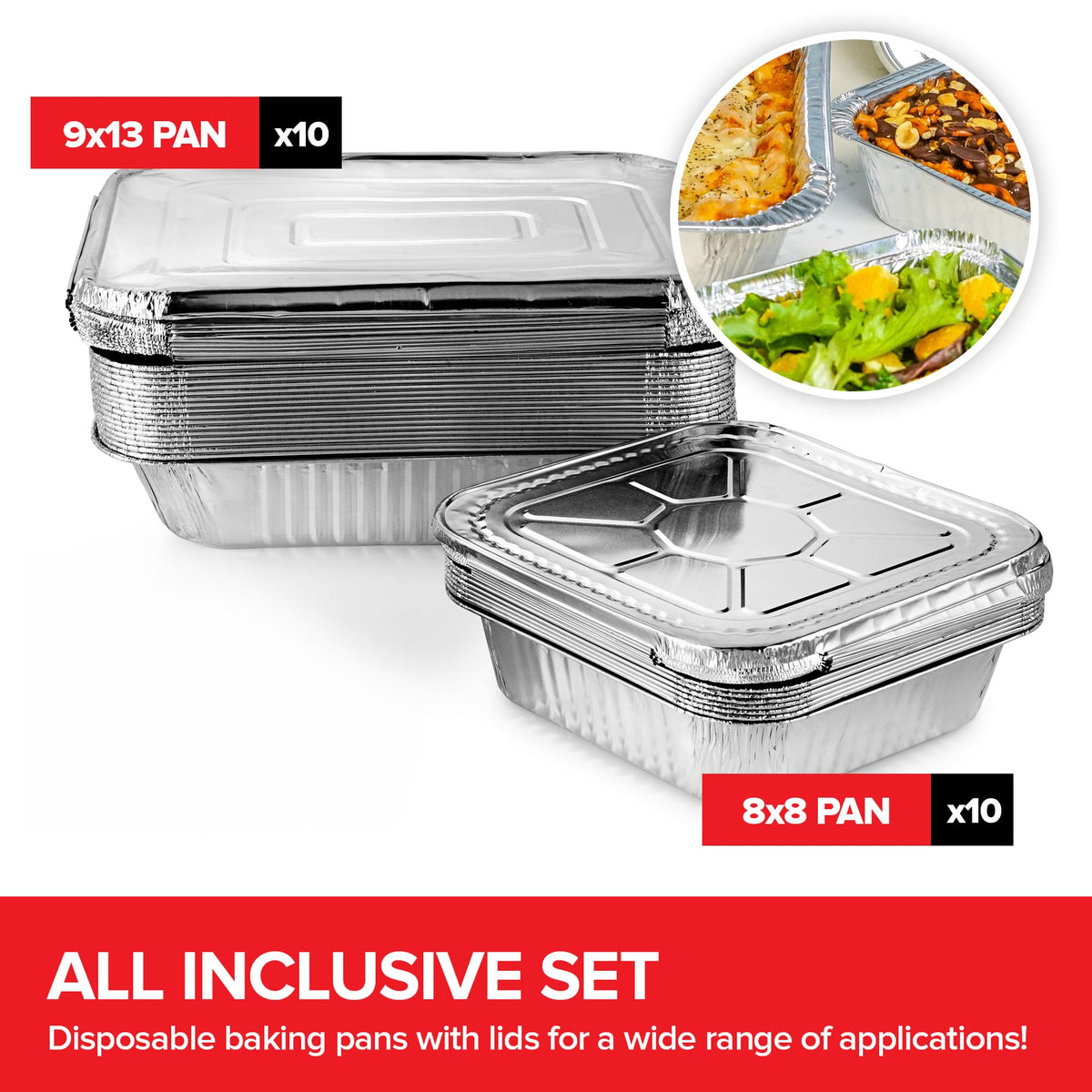 Disposable Foil Pans with Lids (Set of 20) Heavy Duty Aluminum Pans with Lids 9x13 (x10) by Stock Your Home – 1 Count Pack of 10, 0.0 liters, Aluminum, Silver, Pack of 10