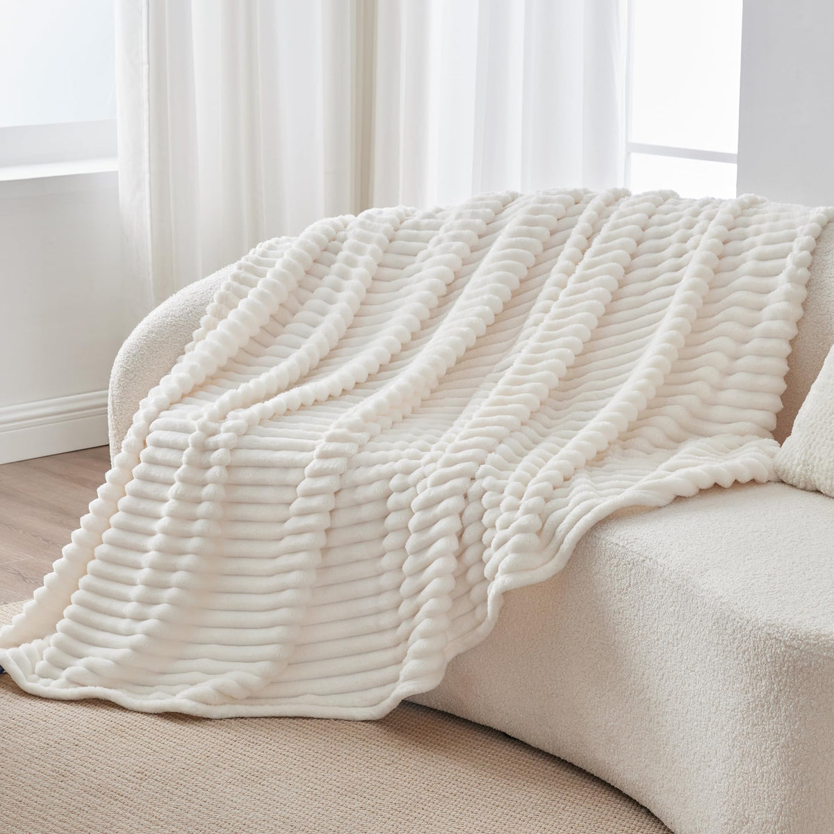 Bedelite Fleece Throw Blanket, Ribbed Texture, Cream Throw 50x60