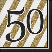 Creative Converting Disposable Black and Gold 50th Birthday Napkins, Party Supplies, 6.5" x 6.5", 16ct