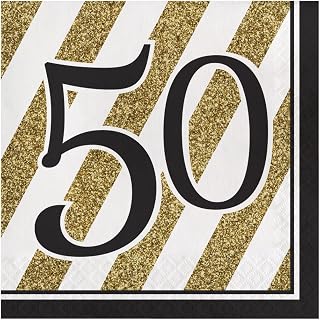 Creative Converting Disposable Black and Gold 50th Birthday Napkins, Party Supplies, 6.5" x 6.5", 16ct