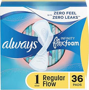 Always Infinity Feminine Pads for Women, Size 1 Regular Absorbency, with Wings, with Flexfoam, Unscented, 36 Count