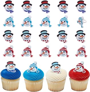 DecoPac Snowman Friends Cupcake Rings, 24 Christmas Cupcake Toppers For Festive Parties & Celebrations, Cute Snowmen, Food Safe Cake Toppers – 24 Pack