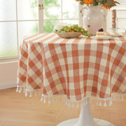 Laolitou Checkered Round Tablecloth, 60 Inch with Tassels, Orange