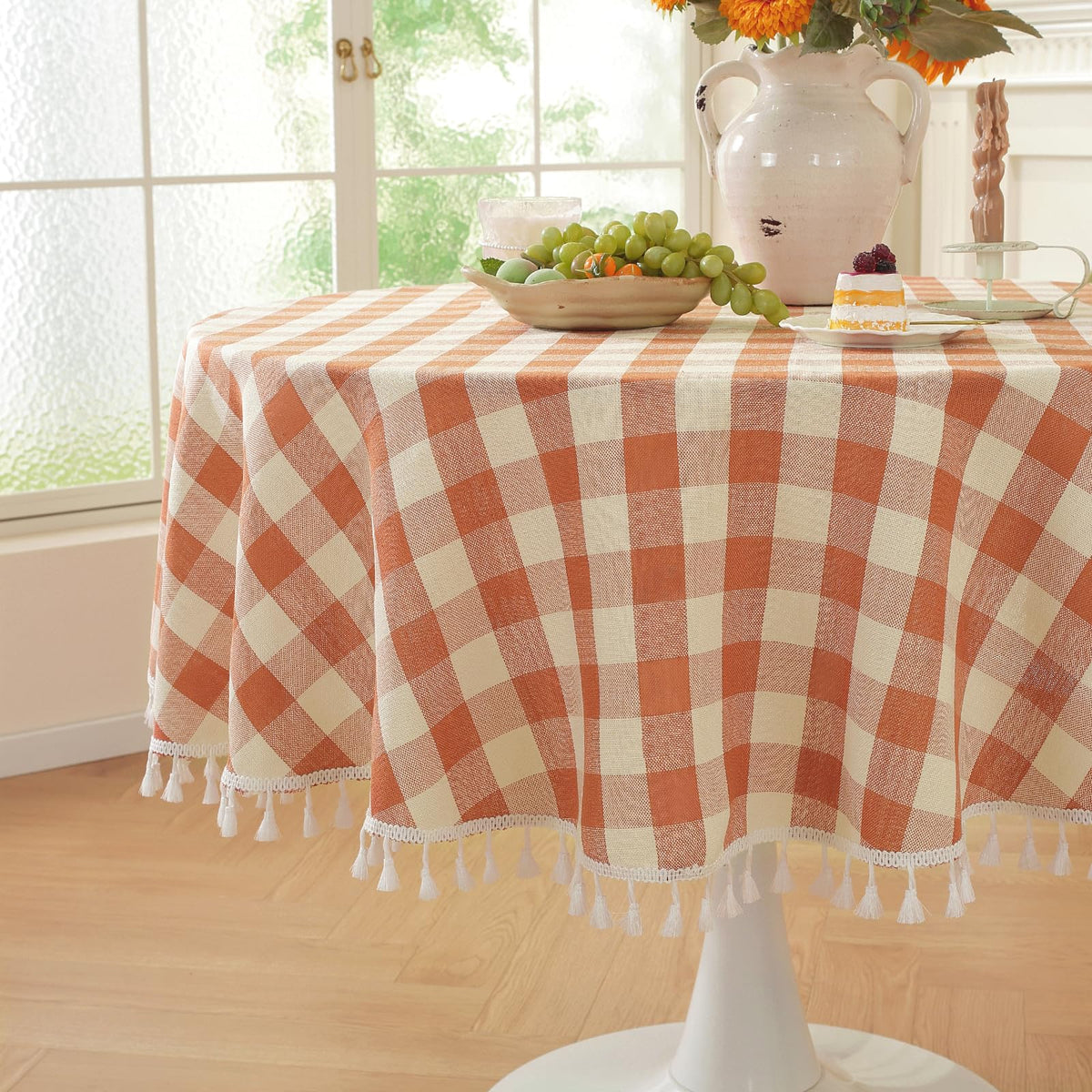 Laolitou Checkered Round Tablecloth, 60 Inch with Tassels, Orange