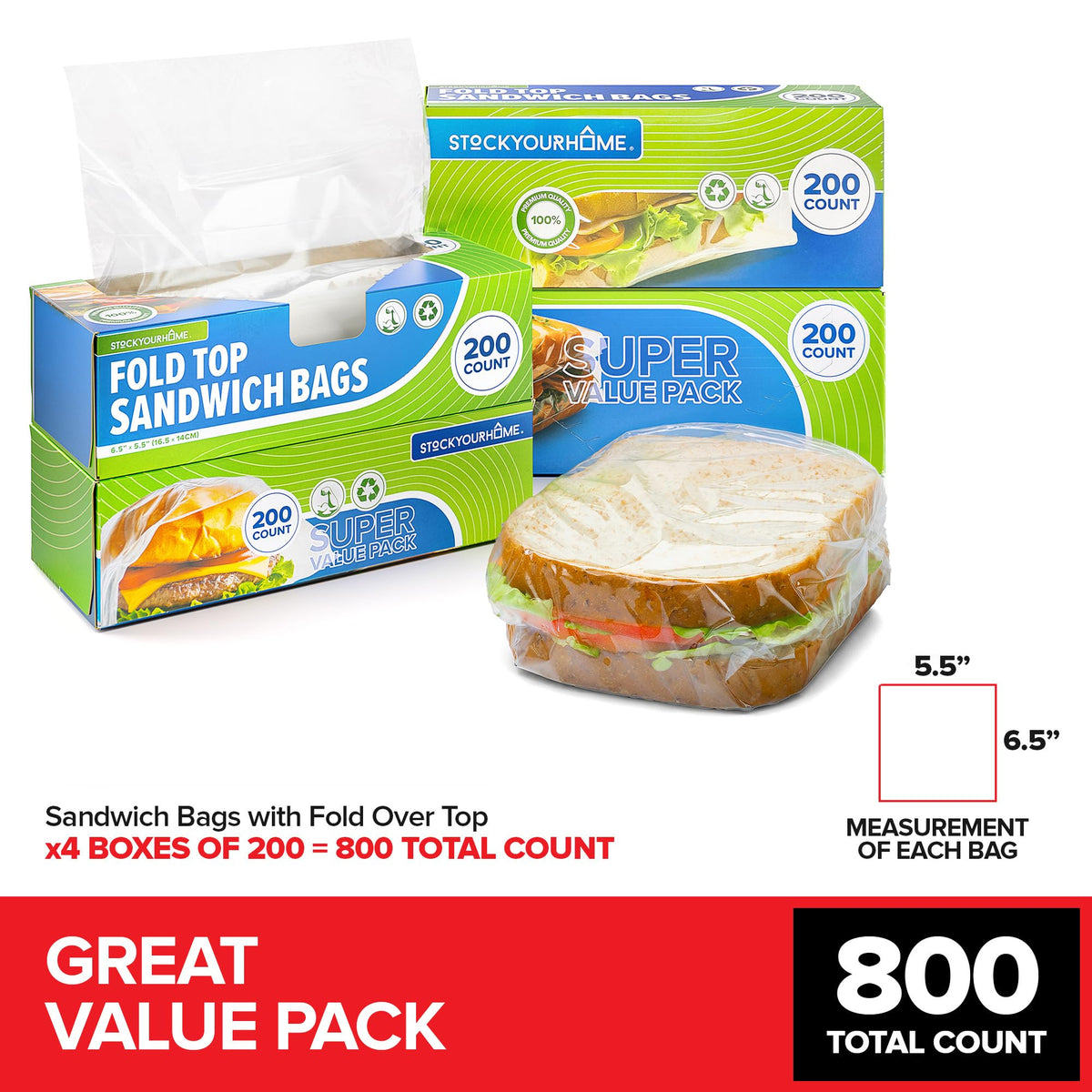 Clear Fold Top Sandwich Bags 800 Count by Stock Your Home – One Size, Plastic, Clear, Pack of 800