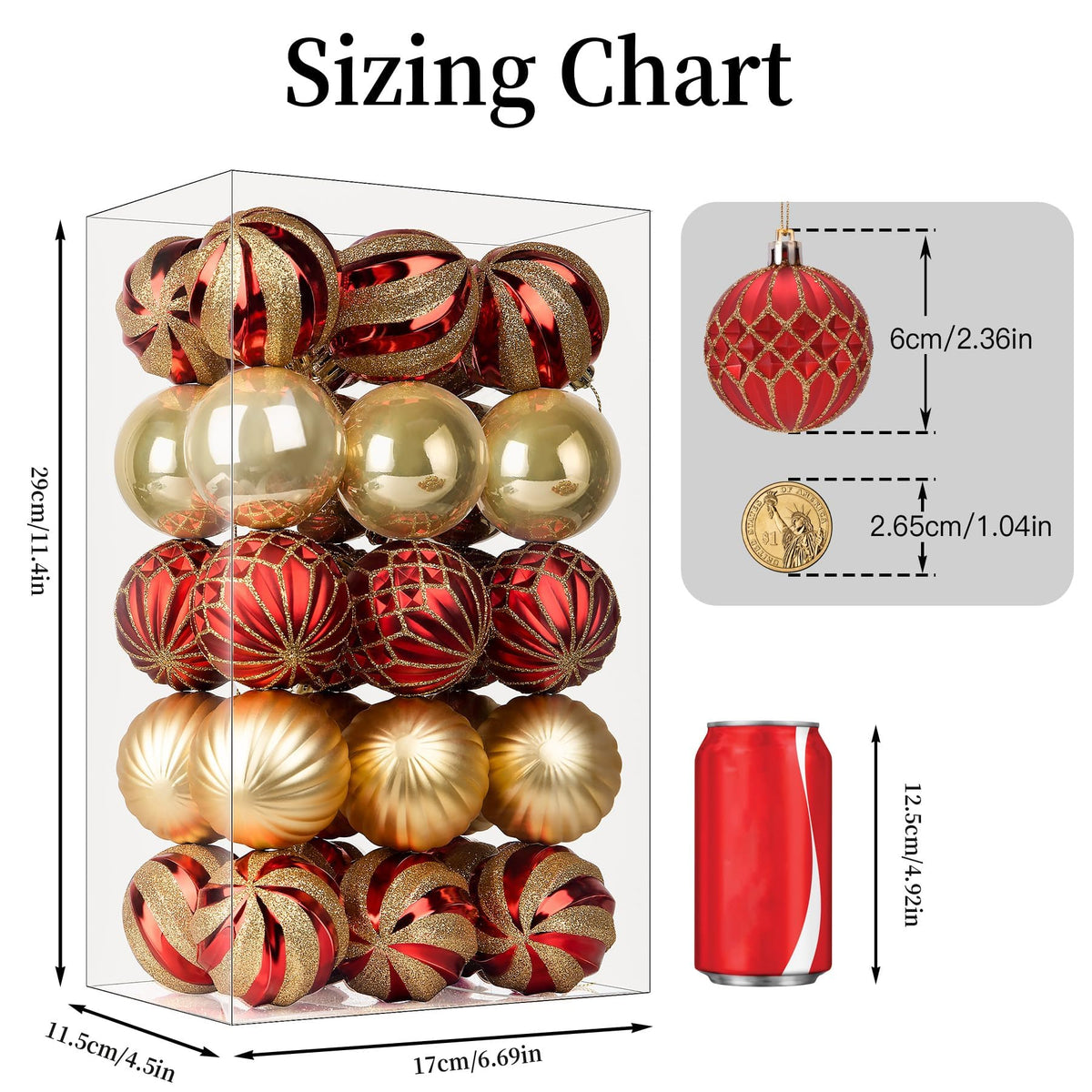 Shareconn Christmas Ball Ornaments, 2.36 Inch, Red and Gold, 30 Count