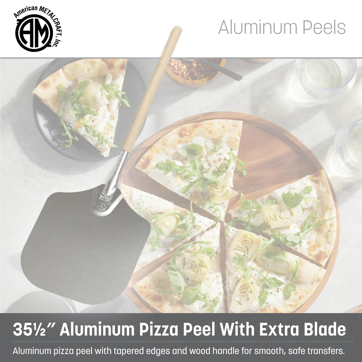 3016 Aluminum Pizza Peel with 19 Inch Wood Handle - 12 x 14 Inch by American Metalcraft – 35.5-Inch, 48.0 ounces, Aluminum, Silver, Model 3512