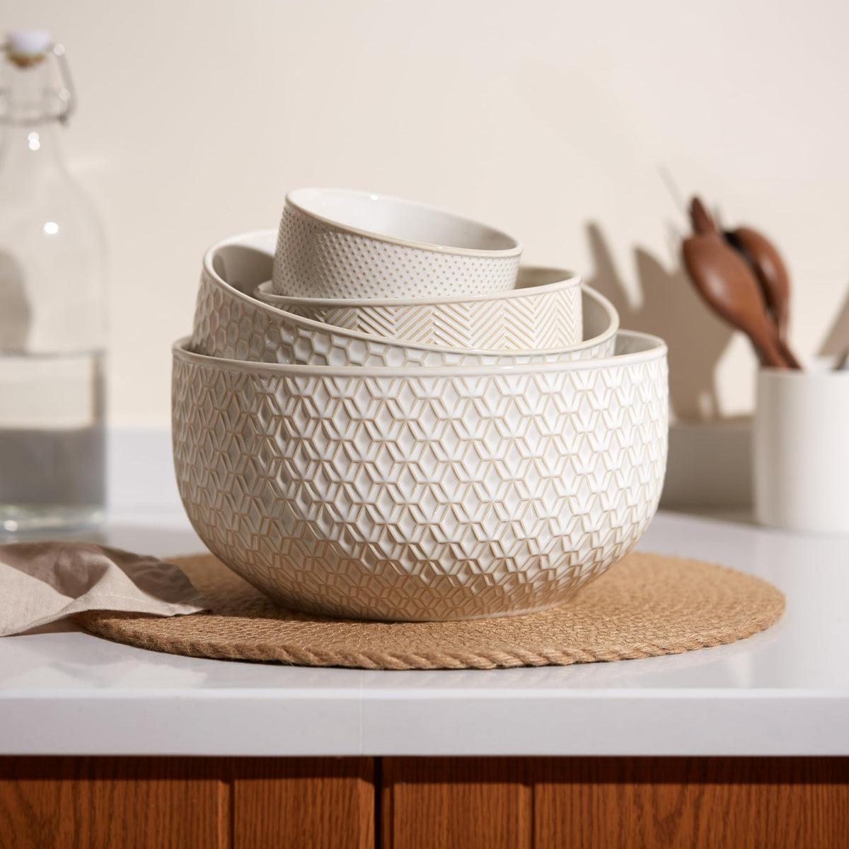 KooK Ceramic Nesting Bowls, Embossed Stoneware, Set of 4, Ivory