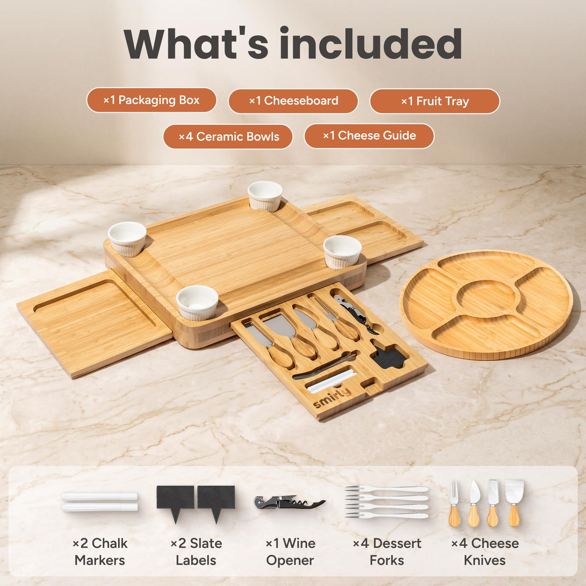 Smirly Bamboo Charcuterie Board Set, 15.7 x 13.3 Inch