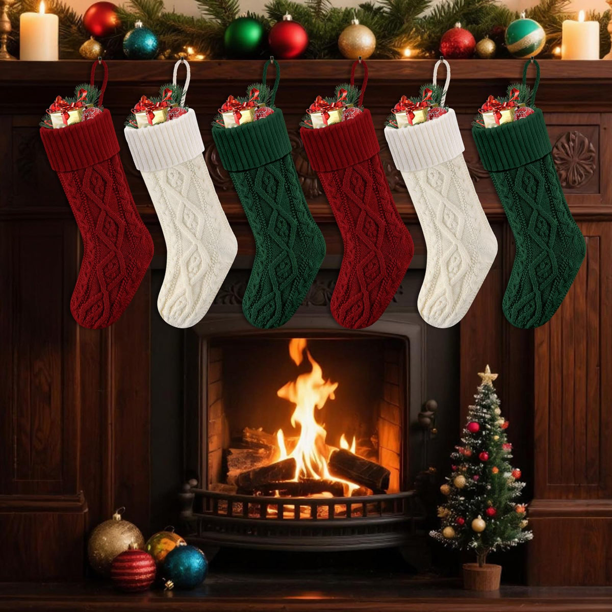 Doitory Christmas Stockings, Knitted Acrylic, 6 Pack in Red White Green