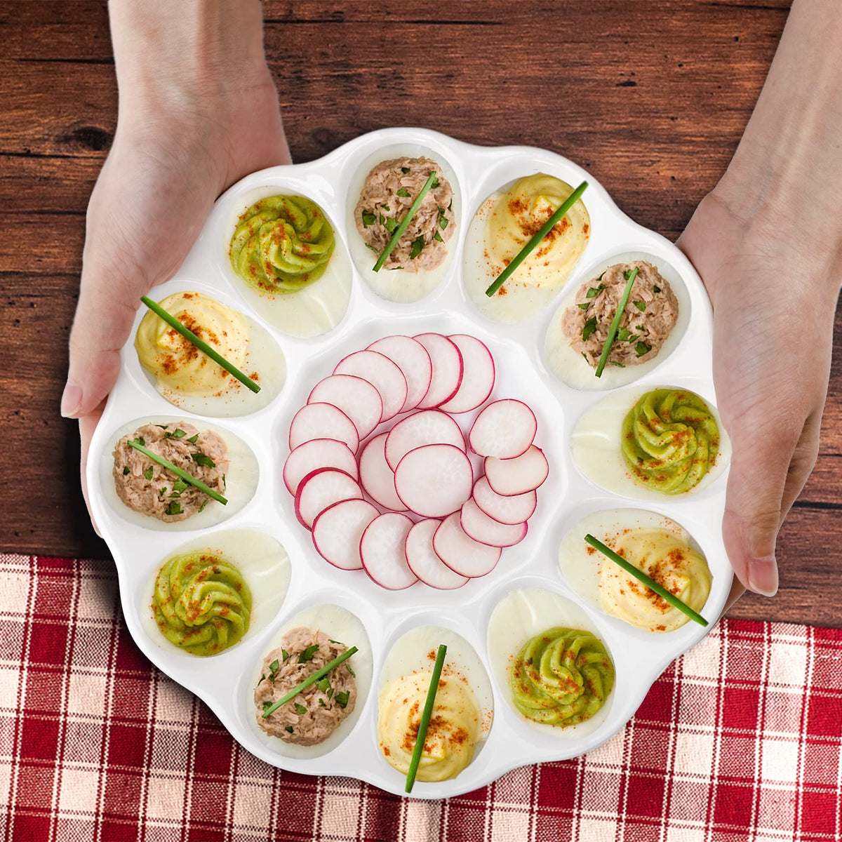 Hedume Ceramic Deviled Egg Tray, 12 Cup Capacity, White