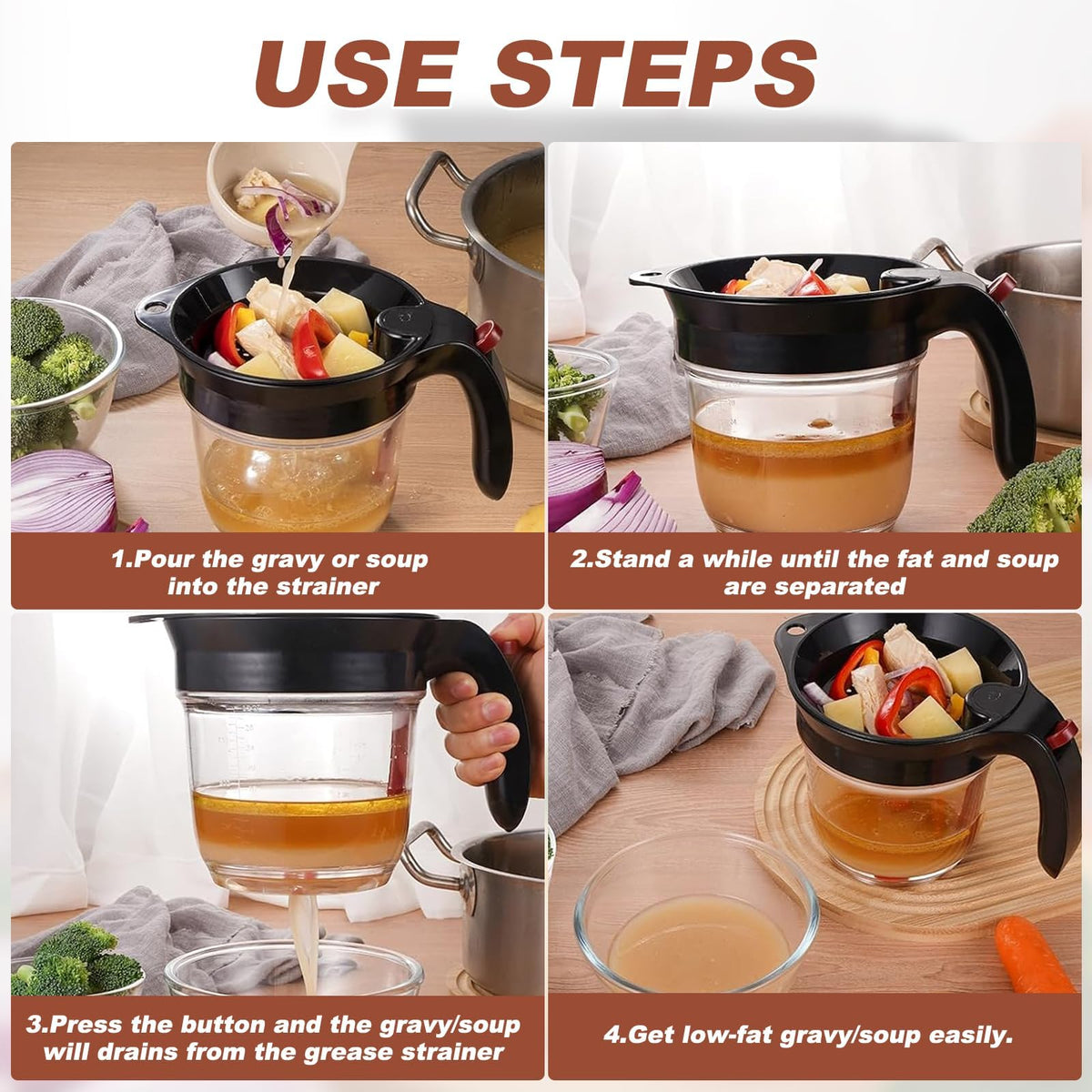 Generic Fat Separator, 4 Cup Bottom Release Strainer, Black