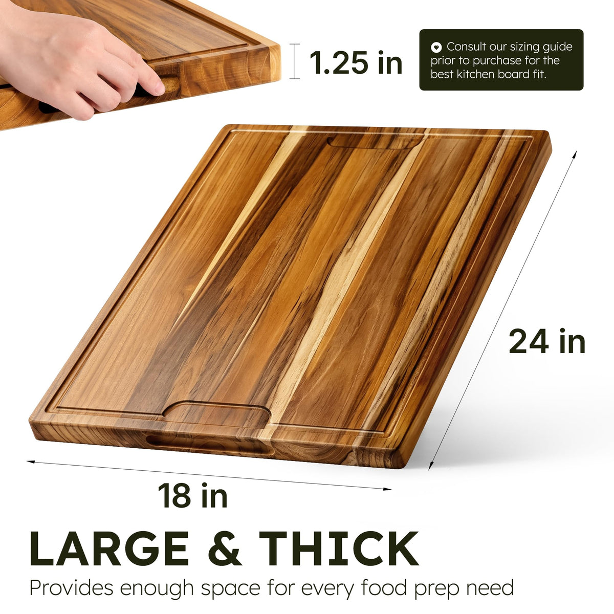 Nomsters Teak Cutting Board, 24 x 18 Inch with Juice Channel, Natural