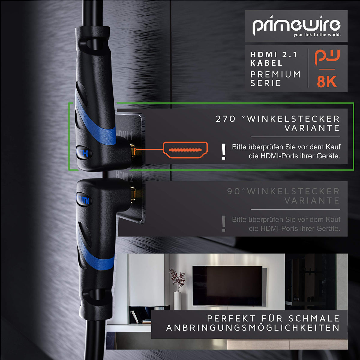 CSL - 8K HDMI Cable Angled 90° - 270° (3.0 m 270° Angled Plug) by CSL-Computer – 3,0m 270° Winkelstecker, Plastic Copper Aluminium Metal PVC, black, Model 648531864