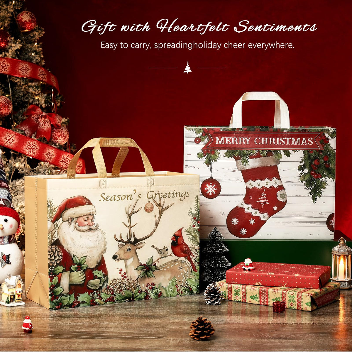 STYPOP Christmas Gift Bags, Extra Large 17 Inch Totes, Set of 12 in Red Green Brown White