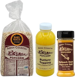 Amish Country Popcorn 2 lb Bag | Baby White Popcorn Kernels with Buttery Topping & ButterSalt | Old Fashioned, GMO Free and Gluten Free