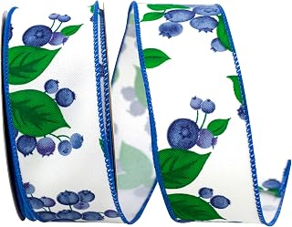 Reliant Ribbon 93881W-030-09F Blueberries & Stems Twill Wired Edge Rd Ribbon, 1-1/2 Inch X 10 Yards, White
