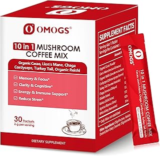 OMOGS Mushroom Coffee, 10 in 1 Extract Powder Blend Lion's Mane, Reishi, Cordyceps, Chaga, Turkey Tail, Instant Coffee-for Energy, Focus, Memory, Digestion & Immunity, 30 Serving
