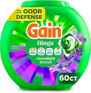 Gain Flings Liquid Washing Detergent Pacs with Odor Defense + Color Guard, Moonlight Breeze Scent, 4-In-1 Liquid Laundry Detergent Pods, Clean & Fresh, 60 Count (Packaging May Vary)