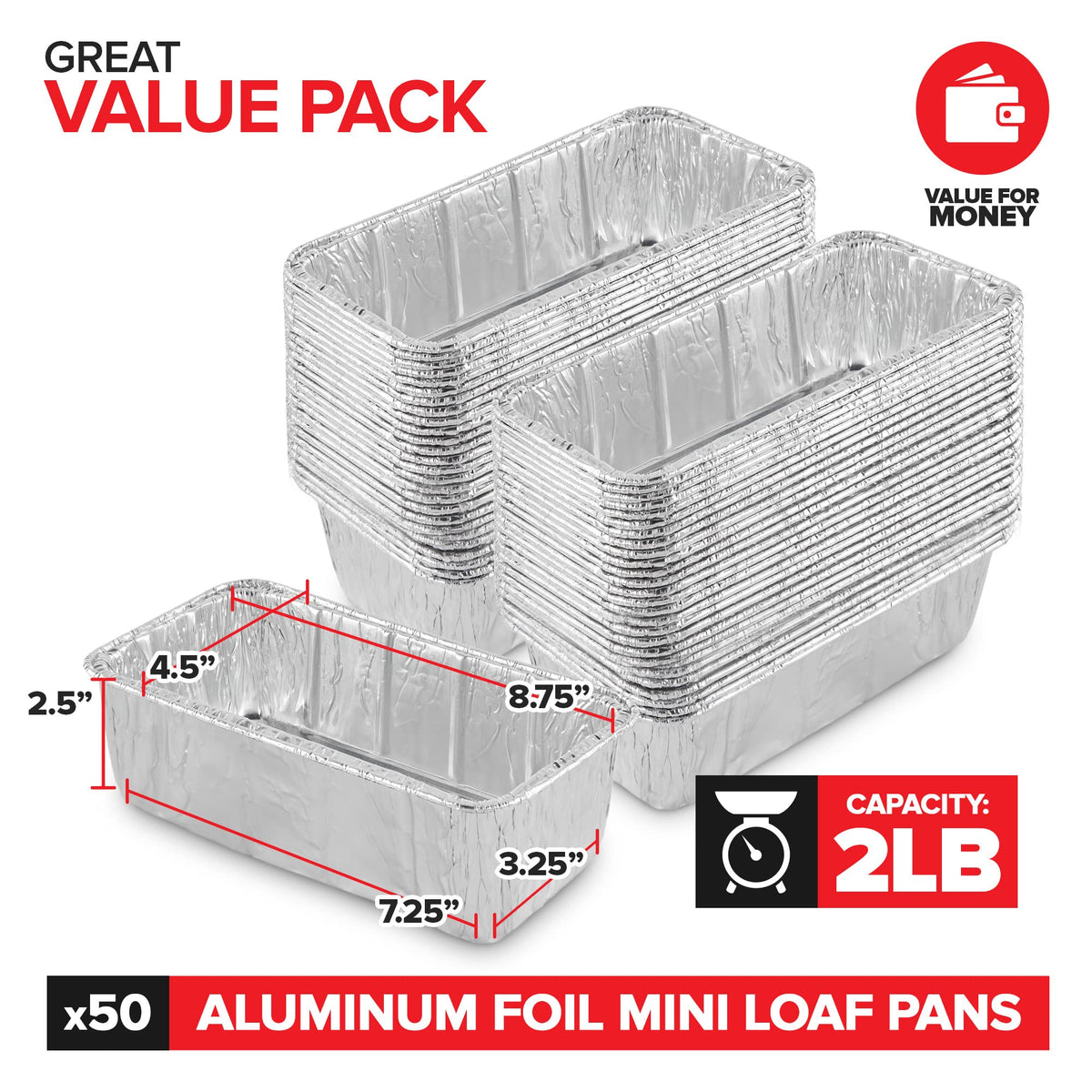 2 Lb Aluminum Foil Mini Loaf Pans (50 Pack) Disposable Small Loaf Pan by Stock Your Home – 50 Pack, 2.0 liters, Aluminum, Silver, Pack of 100