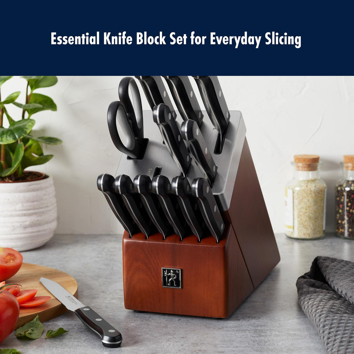 Solution Razor-Sharp 14-pc Self Sharpening Knife Block Set by HENCKELS – 14-pc, Stainless Steel, Brown, Pack of 14, Model 1025358