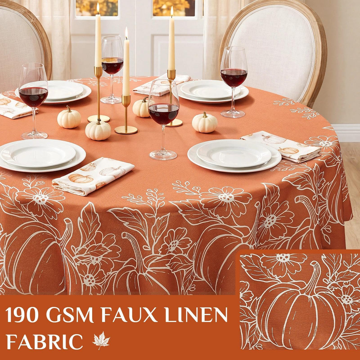 Softalker Faux Linen Round Tablecloth, 70 Inch, Pumpkin and Maple Leaf