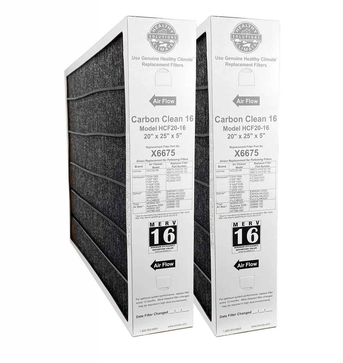 (2-Pack) Carbon Clean 20 x 25 x 5 Inch MERV 16 Efficient Air Filter Replacement for Healthy Climate Air Purifier Cleaner Purification Systems by Lennox – Pack of 2, Model X6675