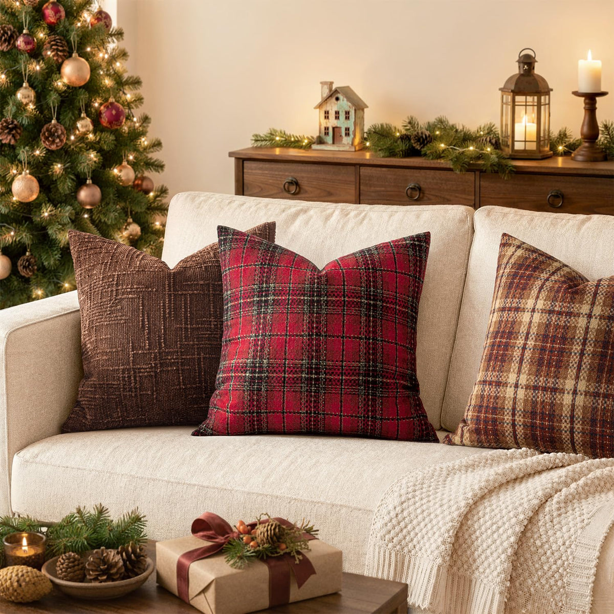 Miulee Plaid Cushion Covers, 18 x 18 Inches, Red