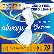 Always Infinity with FlexFoam Pads, Size 4, Overnight Absorbency, with Wings, Unscented, Up to Zero leaks, Zero Feel Protection, 78 Count