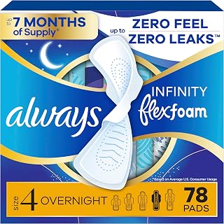 Always Infinity with FlexFoam Pads, Size 4, Overnight Absorbency, with Wings, Unscented, Up to Zero leaks, Zero Feel Protection, 78 Count