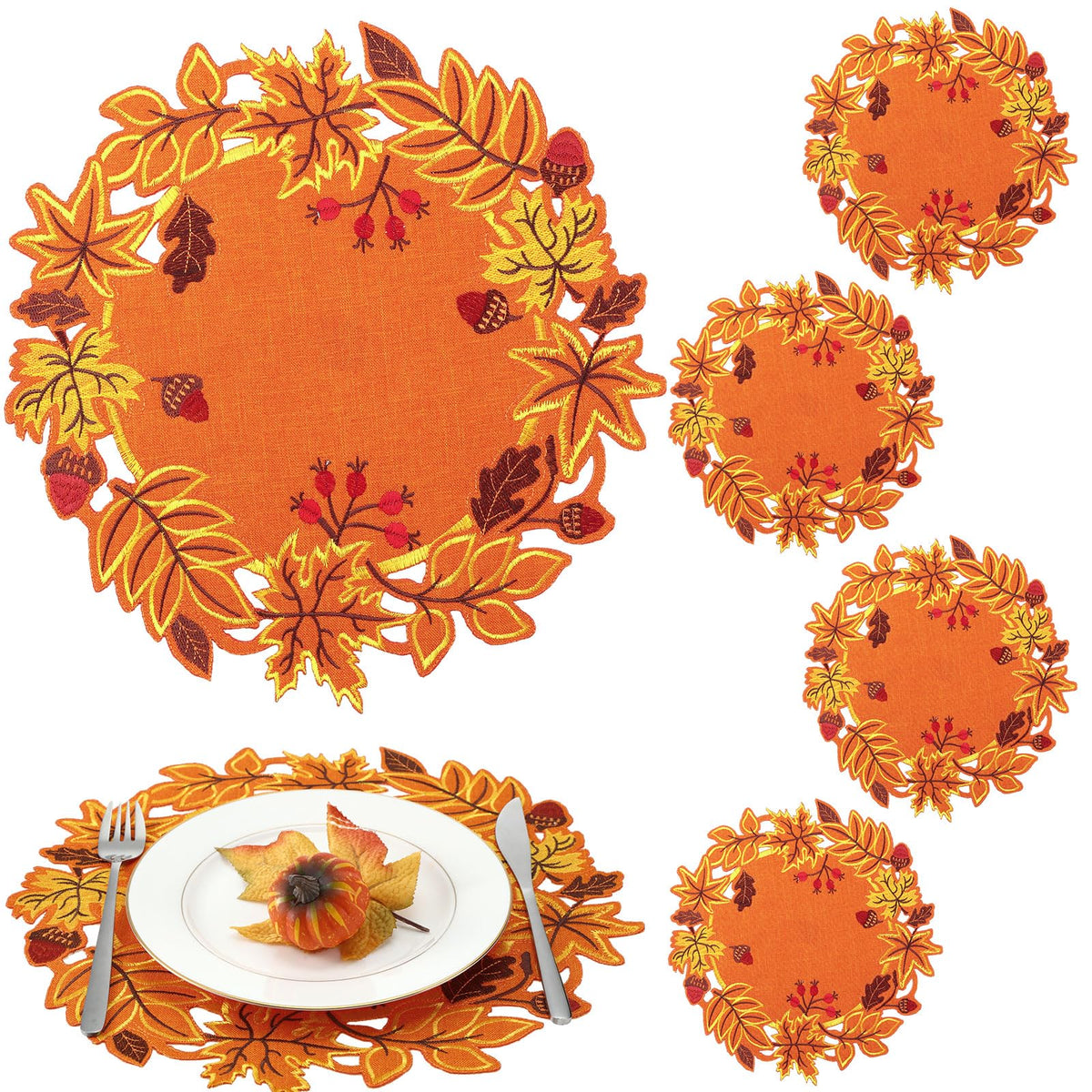 Yingzhao Maple Leaf Placemats, 14 x 14 Inches, Set of 6, Orange