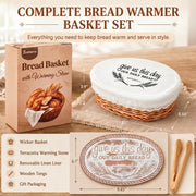 Romooa Bread Basket with Terracotta Warmer, Engraved Stone, Natural