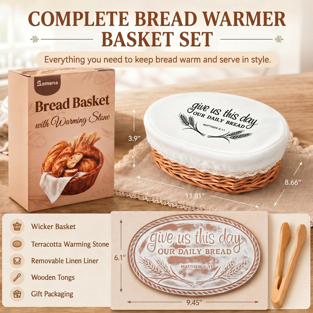 Romooa Bread Basket with Terracotta Warmer, Engraved Stone, Natural