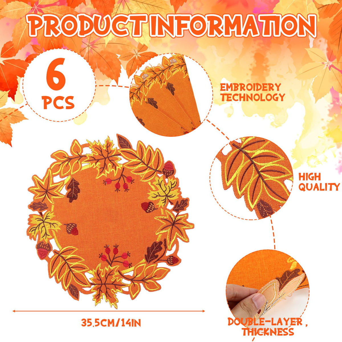 Yingzhao Maple Leaf Placemats, 14 x 14 Inches, Set of 6, Orange