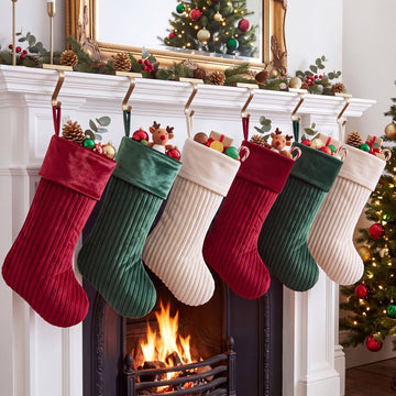 Teyva Daily Christmas Stockings, 19 Inch Velvet Quilted, Red Beige Green Set of 6