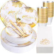 Nervure Thanksgiving Dinnerware Set, 175 Pieces for 25 Guests, White Gold