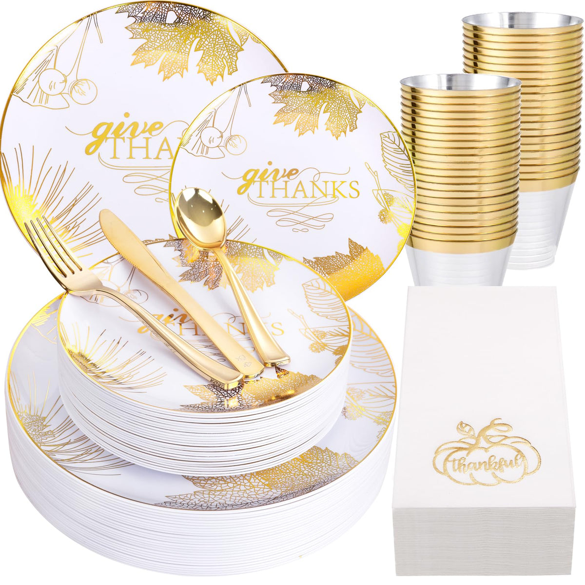 Nervure Thanksgiving Dinnerware Set, 175 Pieces for 25 Guests, White Gold
