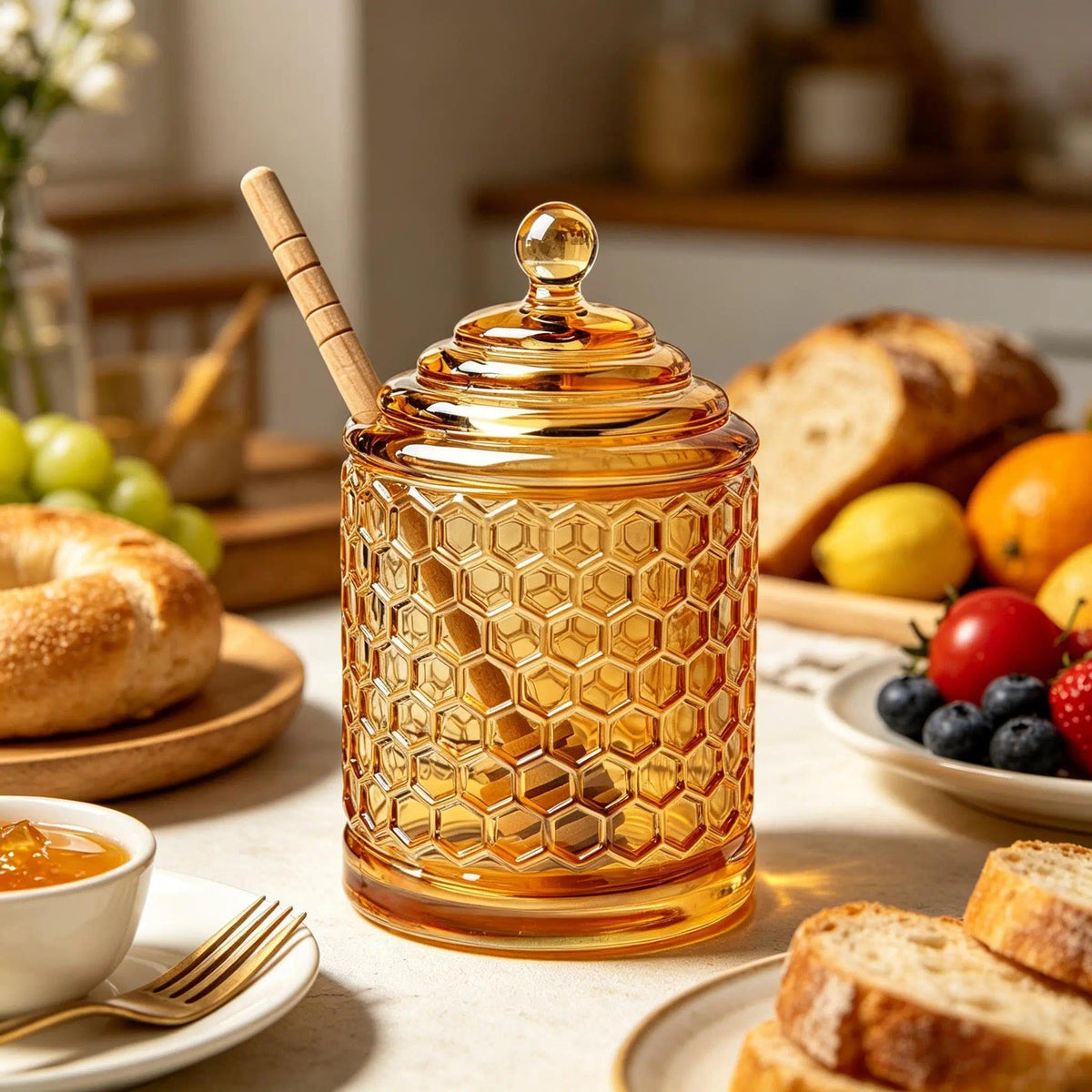 QFkris Crystal Honey Pot with Dipper, Champagne, 1 Piece