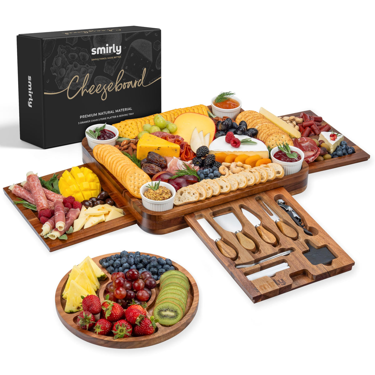 Smirly Charcuterie Board Set, Acacia Wood, 15.7 x 13.3 Inches