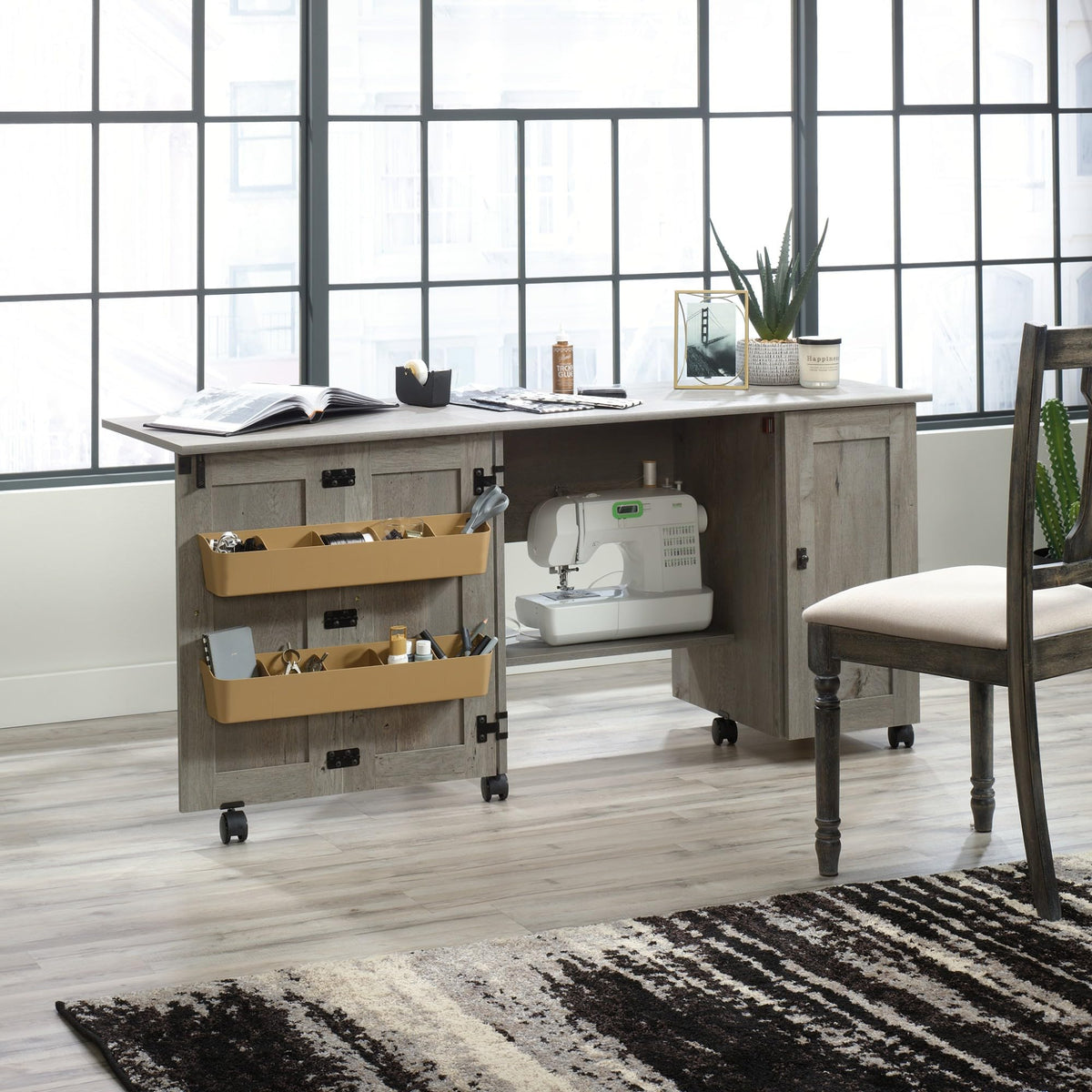 Sauder Mystic Oak / L: 40.08" x W: 19.45" x H: 28.5" / Tall Cabinet Sewing Storage
