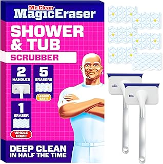 Mr. Clean Magic Eraser Shower & Tub Scrubber, Bathroom Cleaner, All in One Bathroom Cleaner, Lemon Starter Kit, 2 Scrubber, 5 Foaming Magic Erasers, 1 Whole Home Extra Durable Magic Eraser