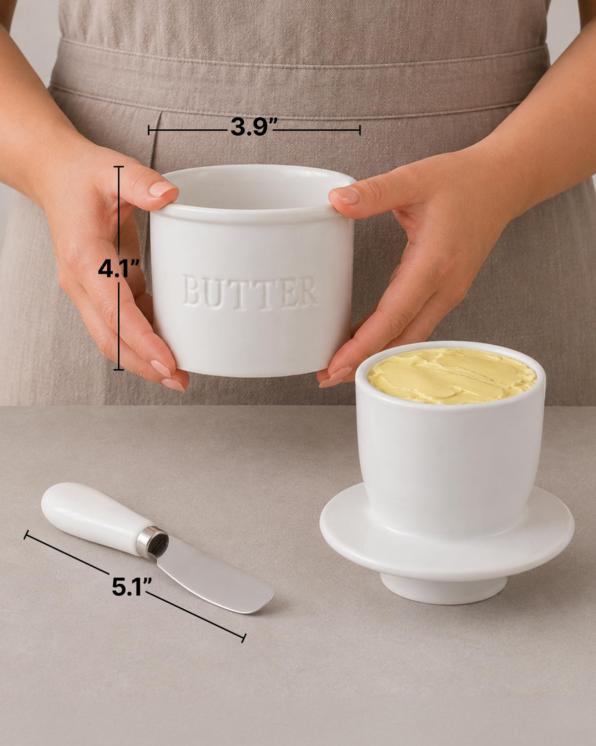 Zulay Kitchen Ceramic Butter Keeper, Bell Shape with Knife, White
