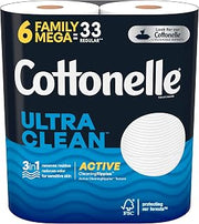 Cottonelle Ultra Clean Toilet Paper with Active CleaningRipples Texture, Strong Bath Tissue, 6 Family Mega Rolls = 33 Regular Rolls, 388 Sheets per Roll