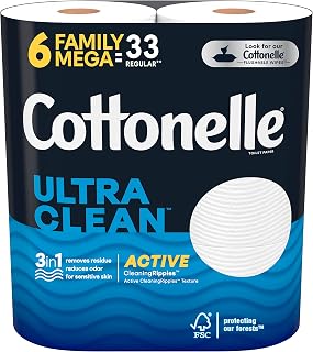 Cottonelle Ultra Clean Toilet Paper with Active CleaningRipples Texture, Strong Bath Tissue, 6 Family Mega Rolls = 33 Regular Rolls, 388 Sheets per Roll