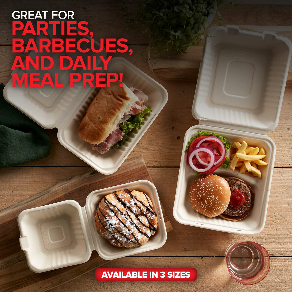Stock Your Home 8x8 / Kraft / 50 Clamshell Take Out Containers