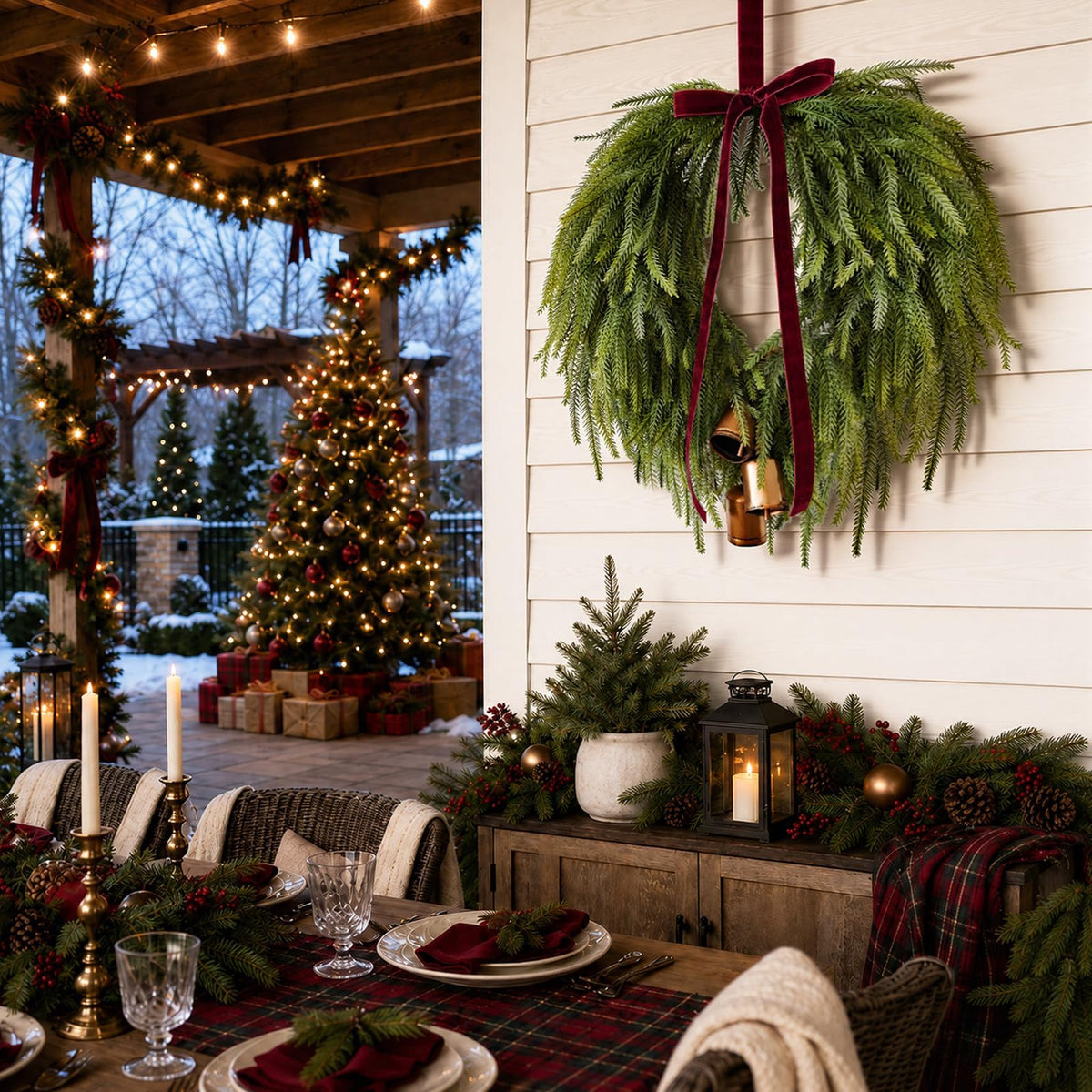 APUDWN Norfolk Pine Wreath, 24 Inch Diameter, Green with Burgundy Bow