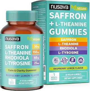 4-in-1 Saffron Gummies - Saffron Supplements with Rhodiola Rosea, L Theanine Gummies & L-Tyrosine - Saffron Extract Mood Support Supplement for Calm & Focus - Vegan, Non-GMO & Gluten-Free (30 Ct)
