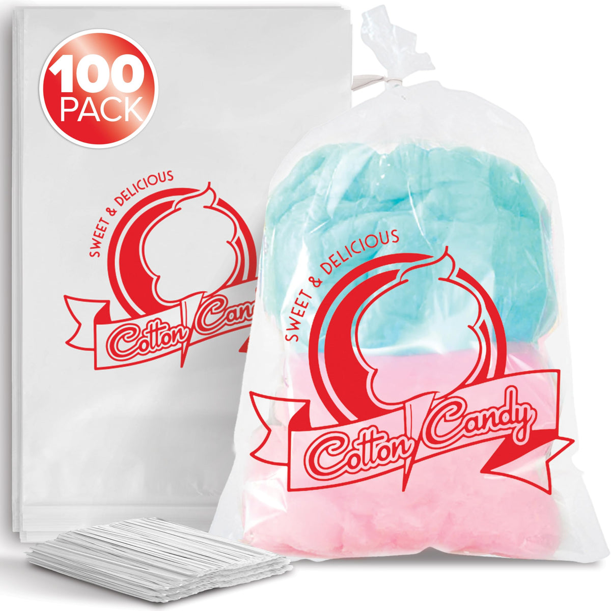 Clear Cotton Candy Bags with Ties by Stock Your Home – 100 Count, Plastic, Clear, Pack of 100