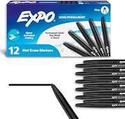 EXPO Wet Erase Markers, Semi-Permanent, Black, Fine Tip, 12 Count - For Writing on Glass, Whiteboards, Mirrors, Calendar, Labeling, Organizing