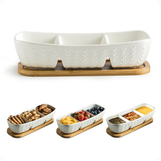 Miamolo Divided Condiment Tray with Ceramic Bowls, 11.4 Inch, White